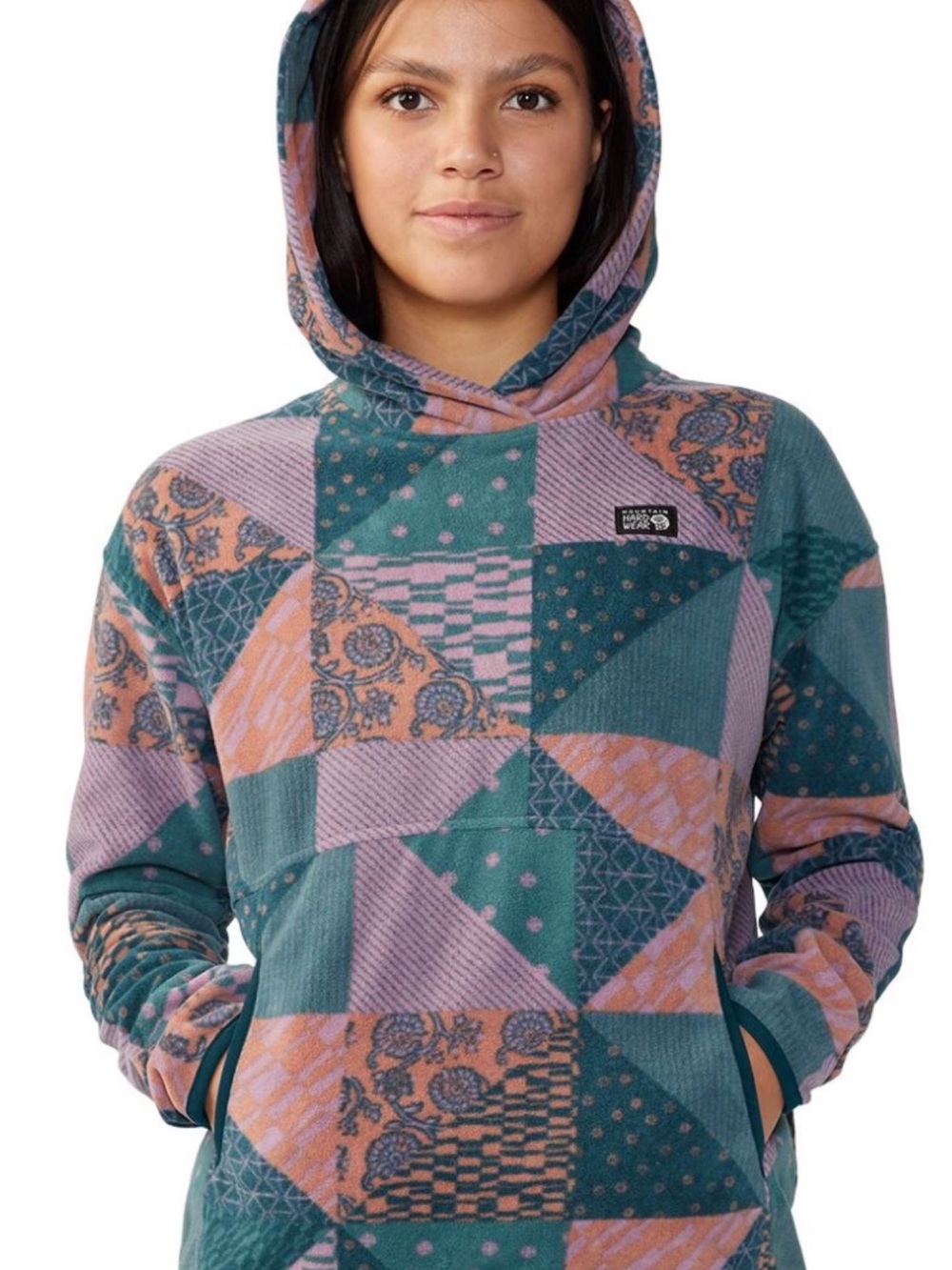 Mountain Hardwear Patchwork-Print Hooded Sweatshirt in Teal and Mauve